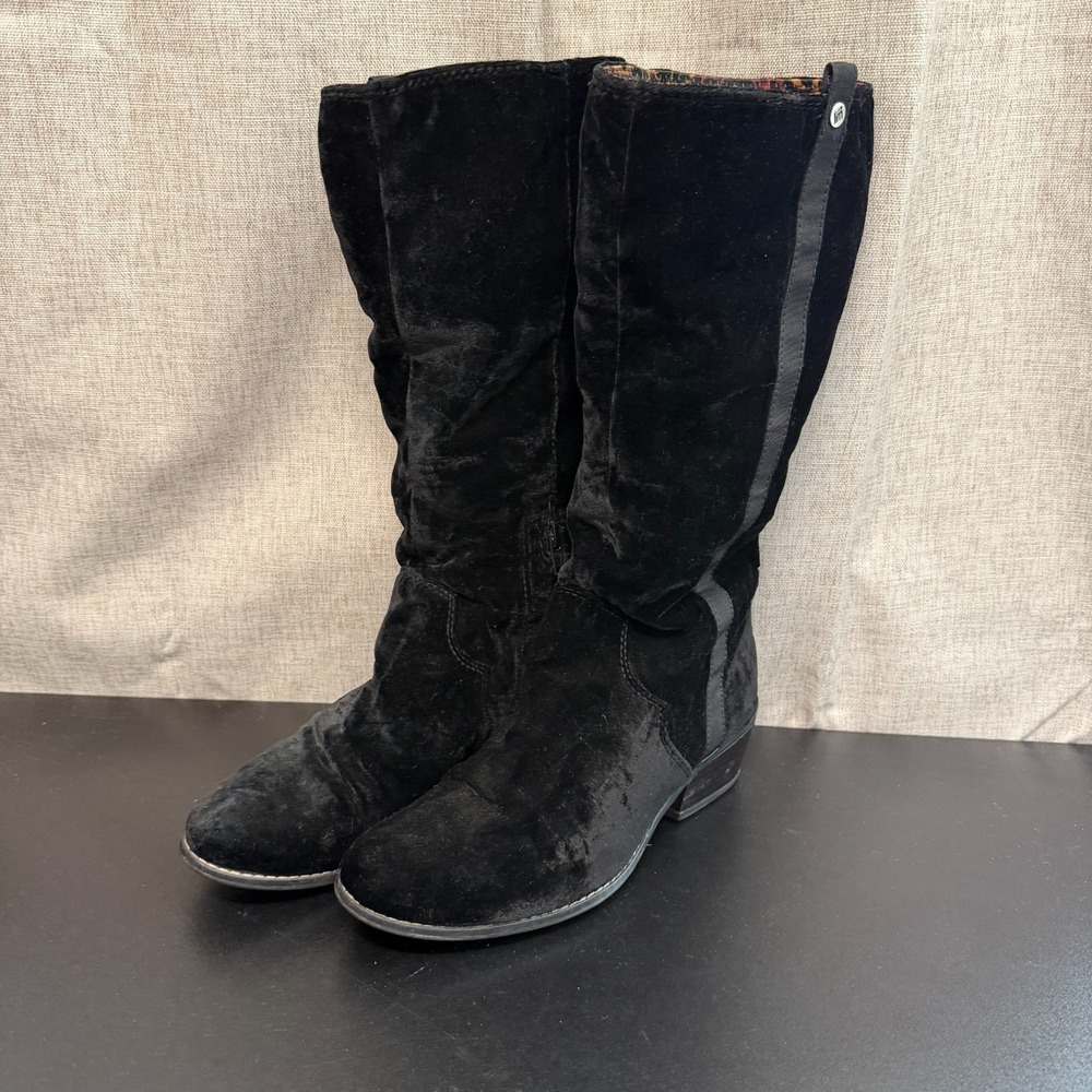 Libby‎ Edelman Prima Mid Calf Boots Women's 8M Black Velvet Block Heel Side Zip